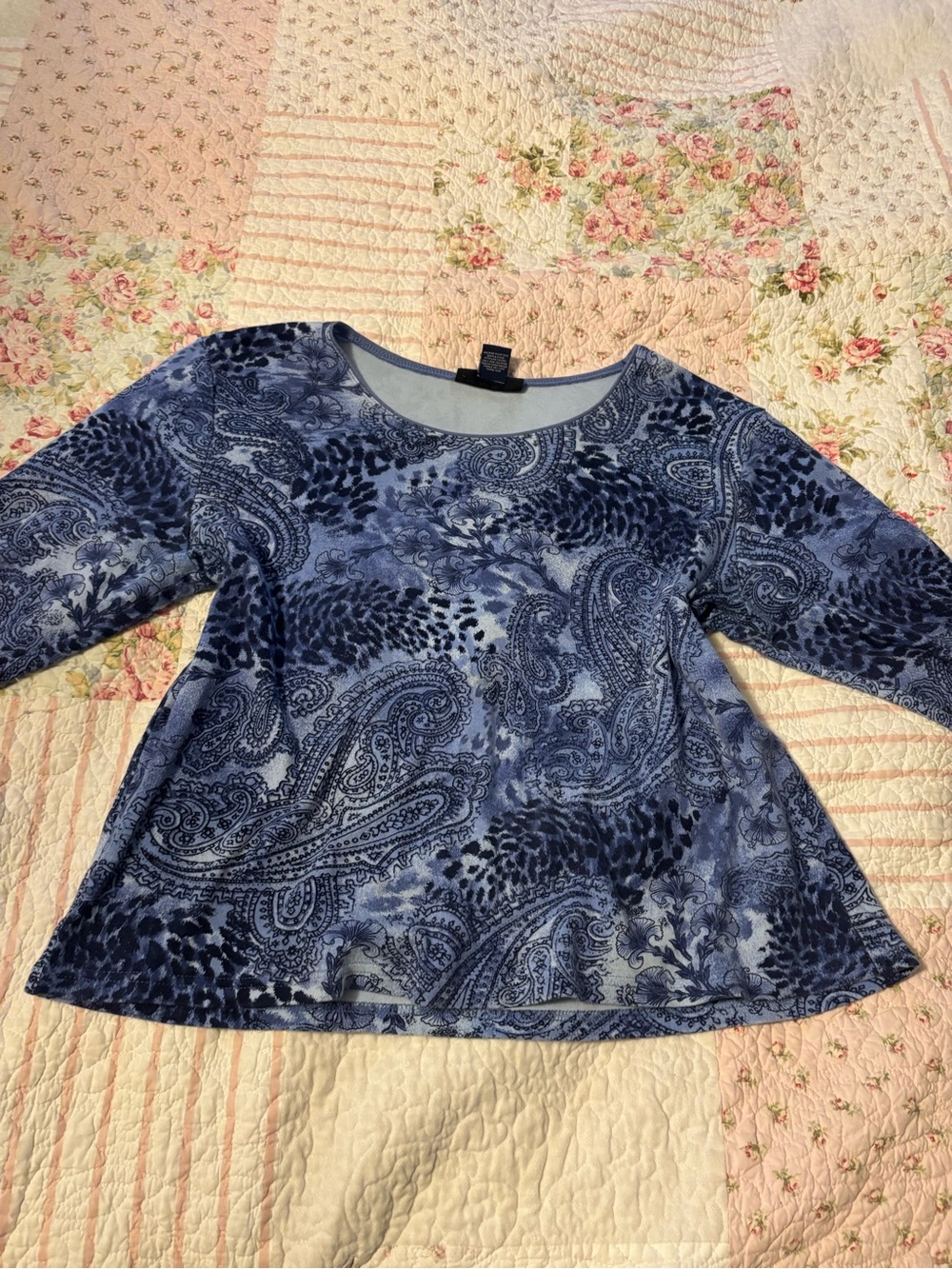 Karen Scott Navy and Light Blue Paisley Scoop Neck Long Sleeve Top